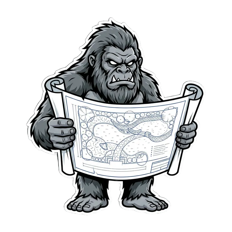 Yetti mascot studying a landscape design blueprint