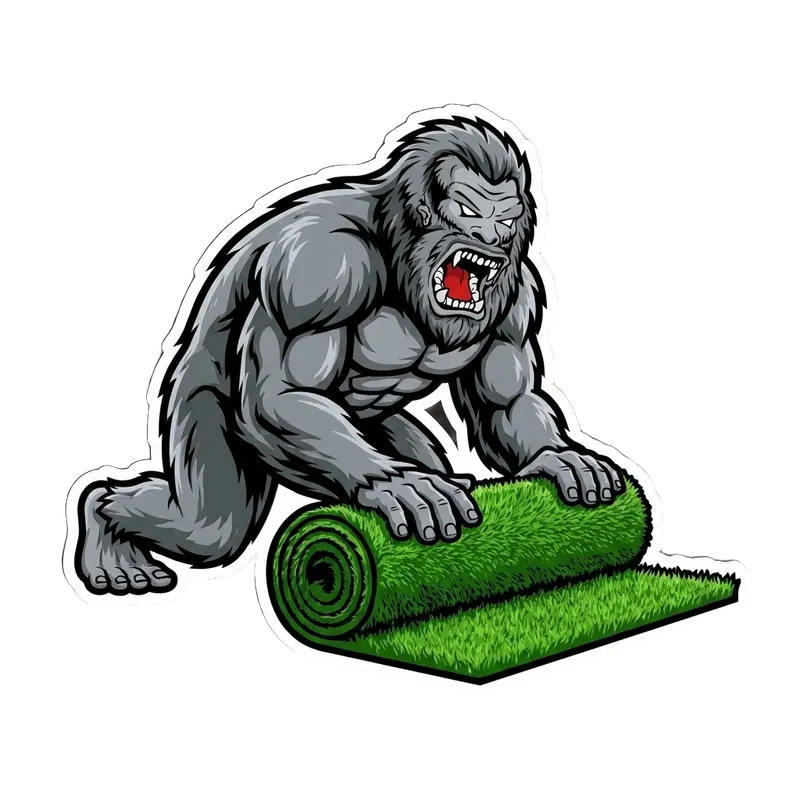 Yetti mascot unrolling artificial turf