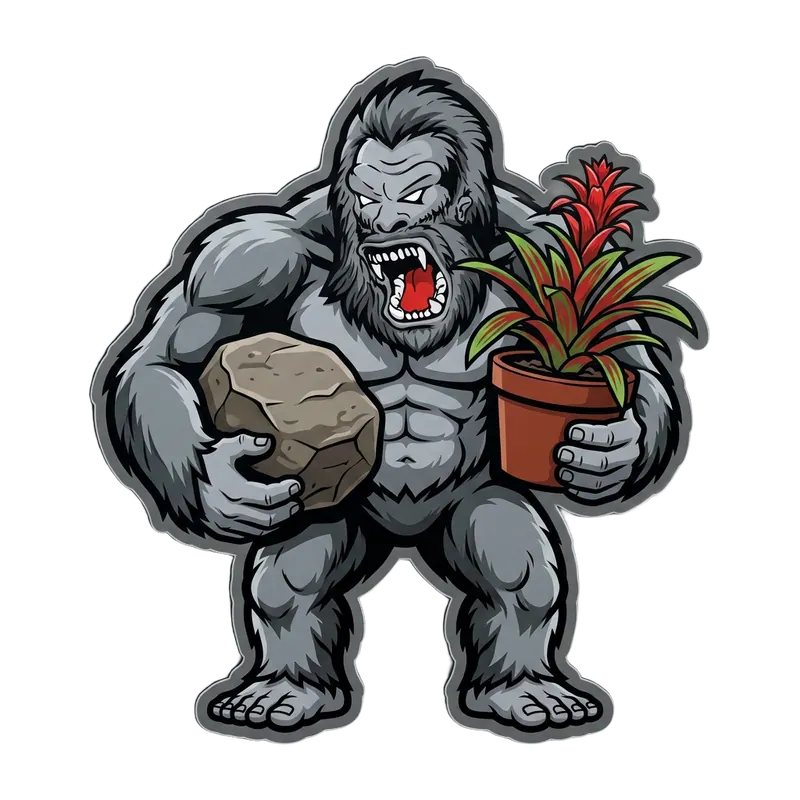 Yetti mascot holding a boulder and tropical plant