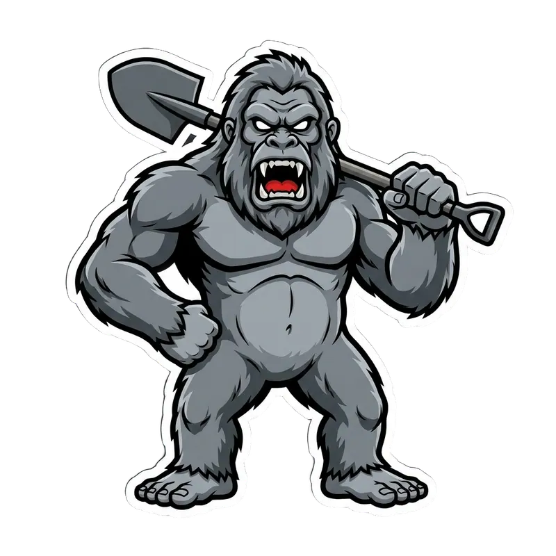 Yetti mascot standing with a shovel over its shoulder