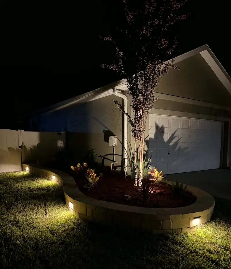 Block tree ring with built-in lights glowing at night