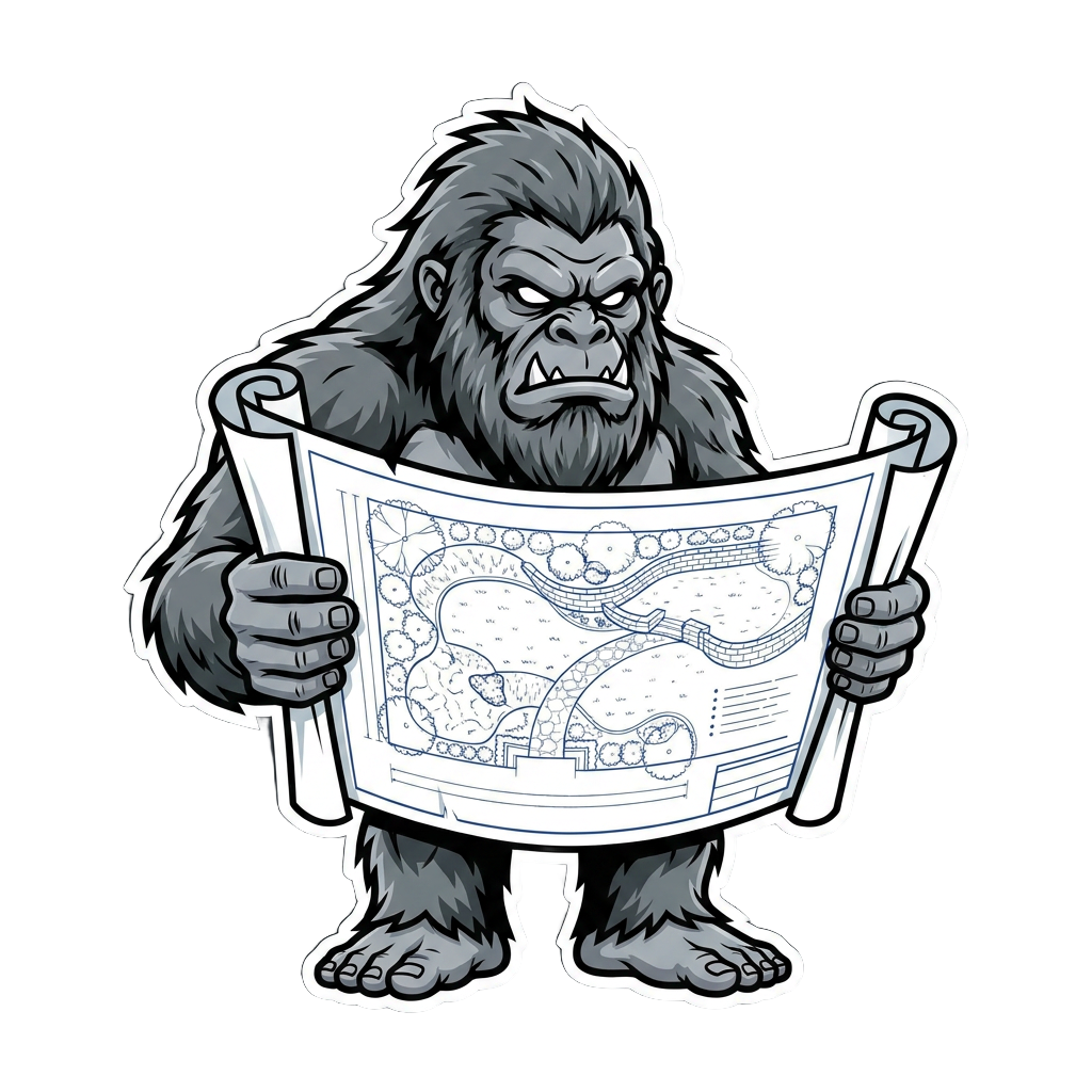 Yetti mascot studying a landscape design blueprint