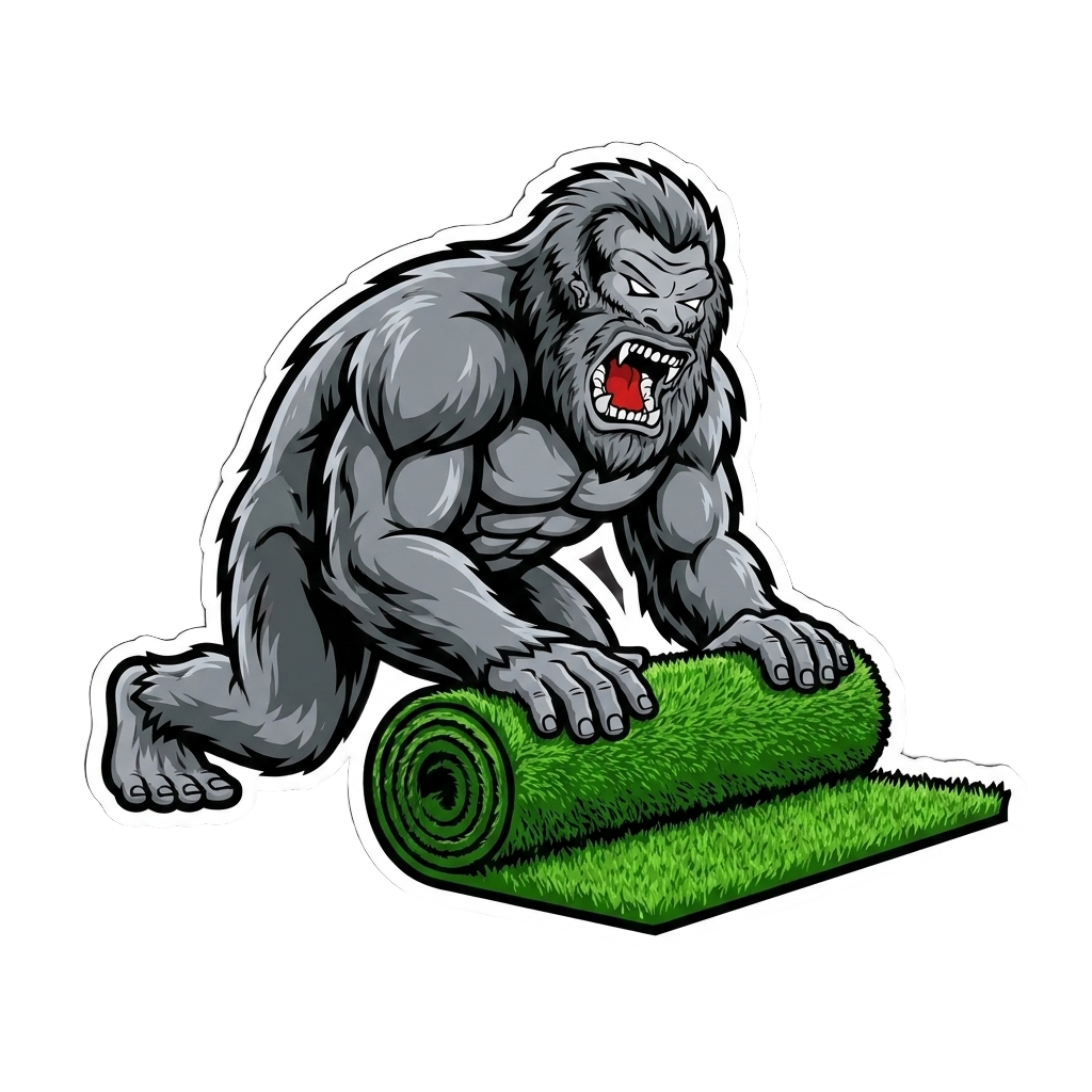 Yetti mascot unrolling artificial turf