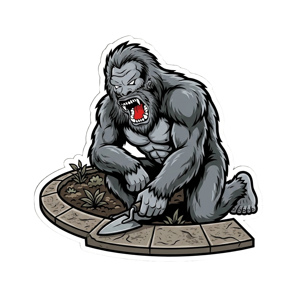 Yetti mascot troweling concrete curbing