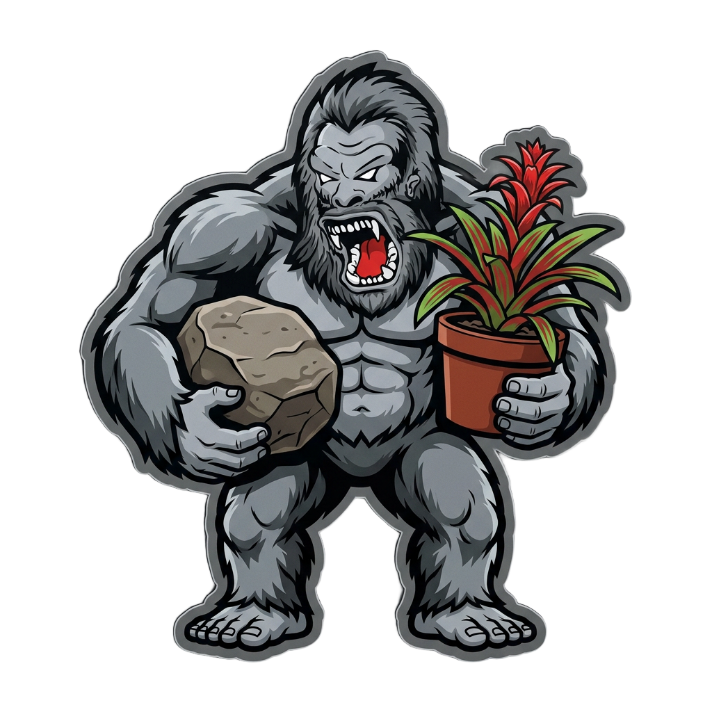 Yetti mascot holding a boulder and tropical plant