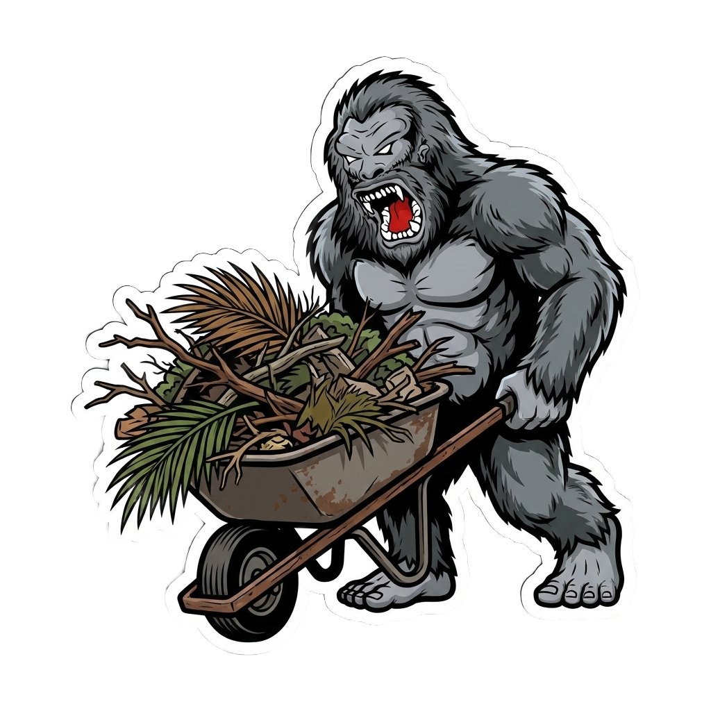 Yetti mascot pushing a wheelbarrow of yard debris