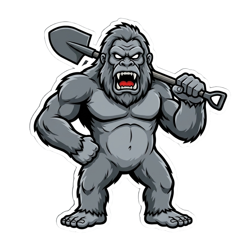 Yetti mascot standing with a shovel over its shoulder